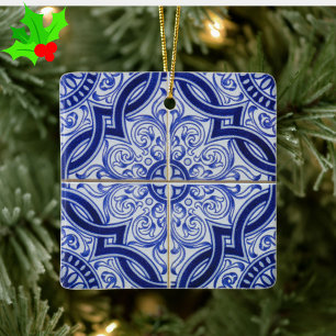 Ornement En Céramique Motif de carreau d'azulejo méditerranéen bleu et b