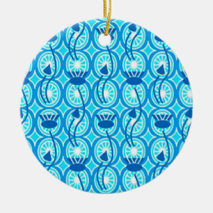 Ornement En Céramique Motif égyptien Lotus, cobalt et turquoise