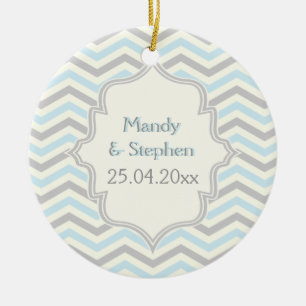 Ornement En Céramique Motif moderne bleu, gris, ivoire chevron