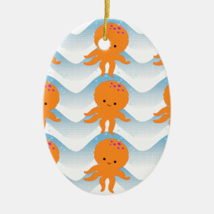 Ornement En Céramique Motif Octopus Orange Et Vagues Bleues