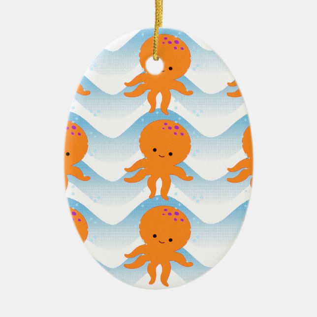 Ornement En Céramique Motif Octopus Orange Et Vagues Bleues (Devant)