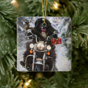 Ornement En Céramique Moto à chiens de Terre-Neuve Noël