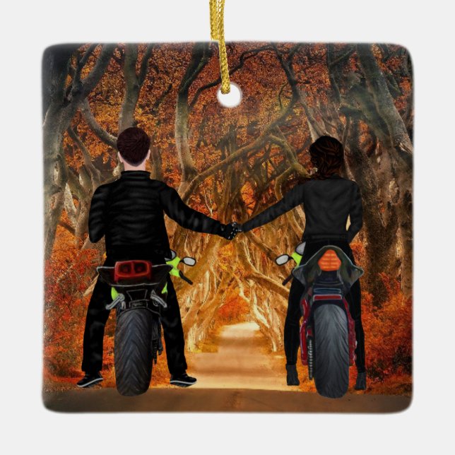 Ornement En Céramique Motos Automne Forêt Couples Noël (Devant)
