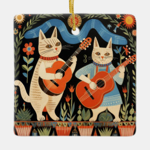Ornement En Céramique Musical Cats Folk Art