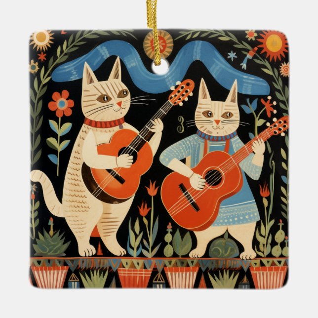 Ornement En Céramique Musical Cats Folk Art (Devant)