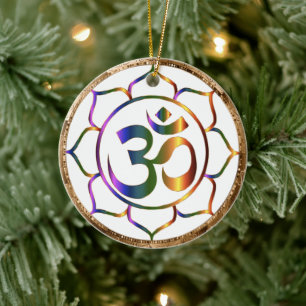 Ornement En Céramique Namaste Aum (Om) & Lotus avec bordure en bronze or