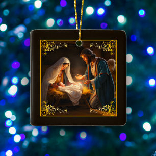 Ornement En Céramique Nativité de Noël Sainte Famille Religieuse