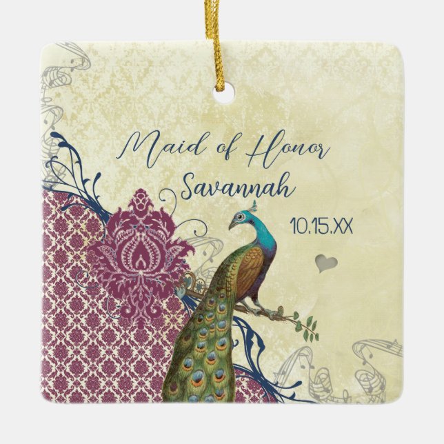 Ornement En Céramique Navy & Berry Berry Elegant Damask Peacock Mariage (Devant)