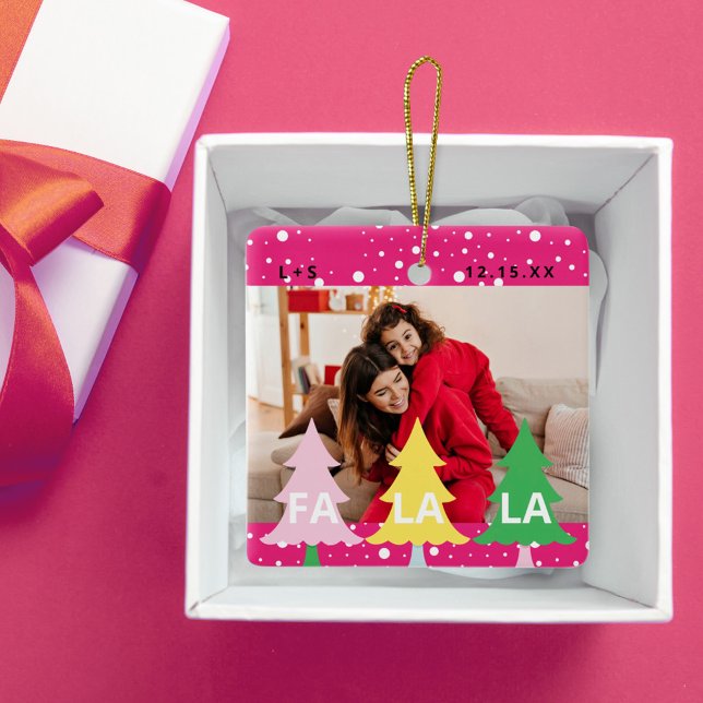 Ornement En Céramique Neon brillant coloré Fa La Christmas Photo rose (Colourful Bright Neon Fa La Christmas Photo Pink Ceramic Ornament)