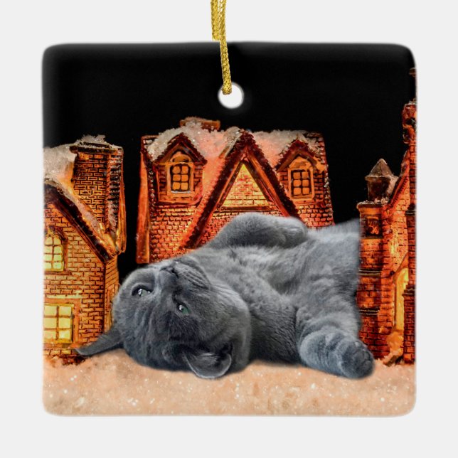 Ornement En Céramique Noël aux chats gris (Devant)