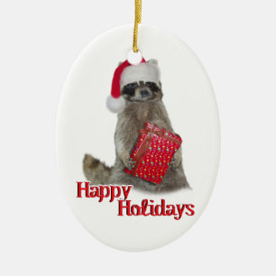 Ornement En Céramique Noël Bandit Raccoon avec présent