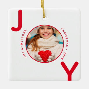 Ornement En Céramique Noël blanc rouge photo joie nom