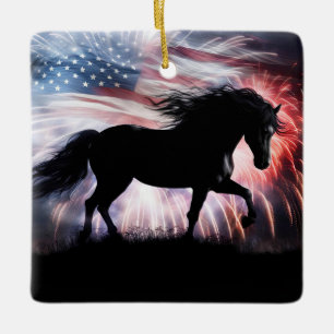 Ornement En Céramique Noël Cheval Et Drapeau Américain