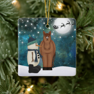 Ornement En Céramique Noël Cute Horse et Snowman personnalisé