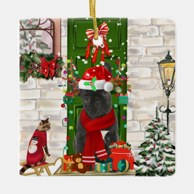 Ornement En Céramique Noël des Bulldog français (Devant)