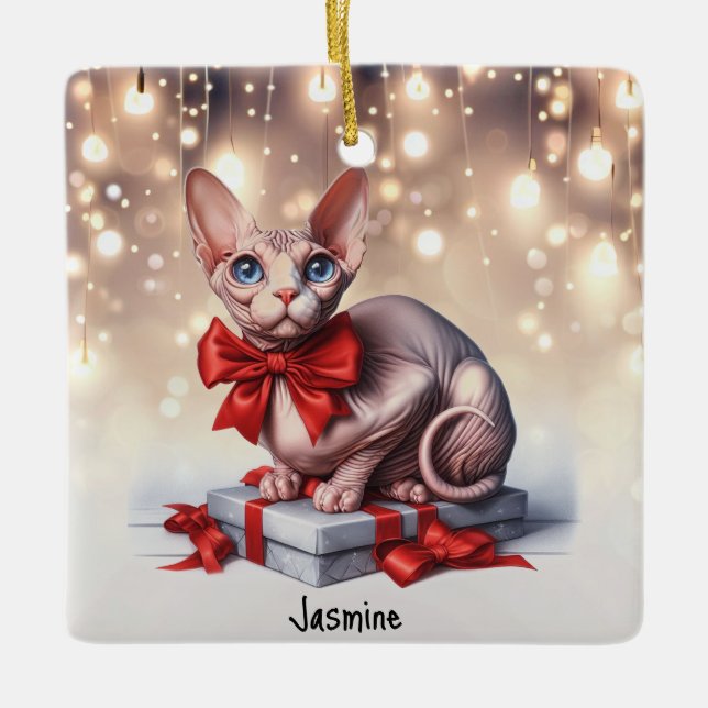 Ornement En Céramique Noël du chat Sphynx (Devant)