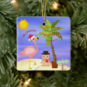 Ornement En Céramique Noël Flamant rose d'été Plage Nom personnalisé