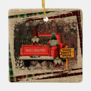 Ornement En Céramique Noël Gnome Sweet Gnome Camion Rouge Plaid