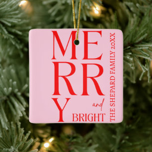 Ornement En Céramique Noël Joyeux et rose rouge vif 2025