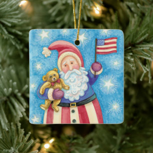 Ornement En Céramique Noël mignon, Père Noël patriotique avec drapeau