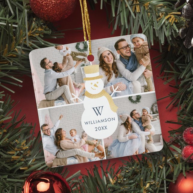Ornement En Céramique Noël moderne Snowman Monogramme Quatre Photo (Modern Christmas Snowman Monogram Four Photo Ceramic Ornament)