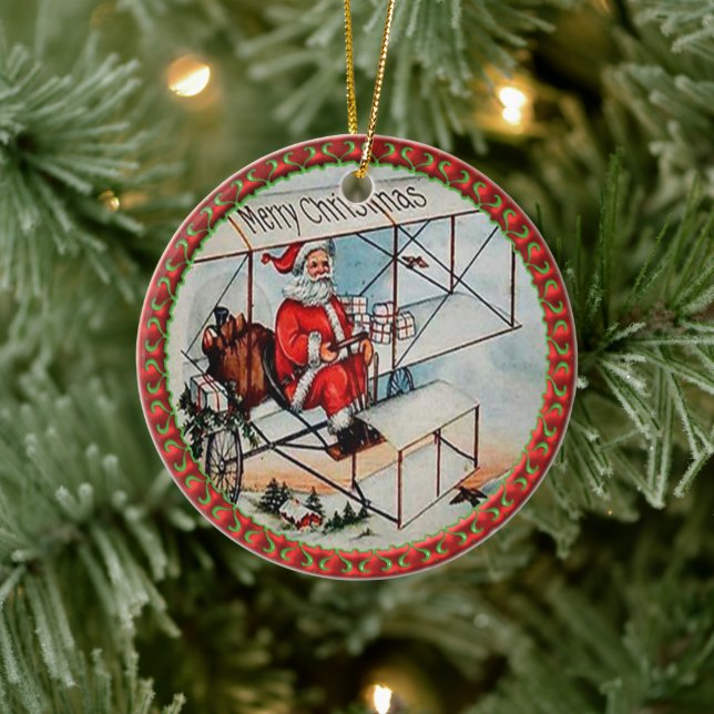 Ornement En Céramique Noël Père Noël volant un vieil avion (Arbre)