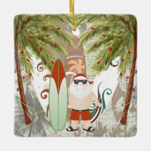 Ornement En Céramique Noël personnalisé Père Noël et Surfboard Beach