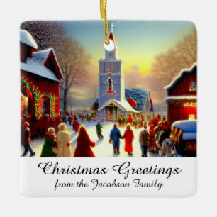 Ornement En Céramique Noël Salutations Village Eglises kitsch
