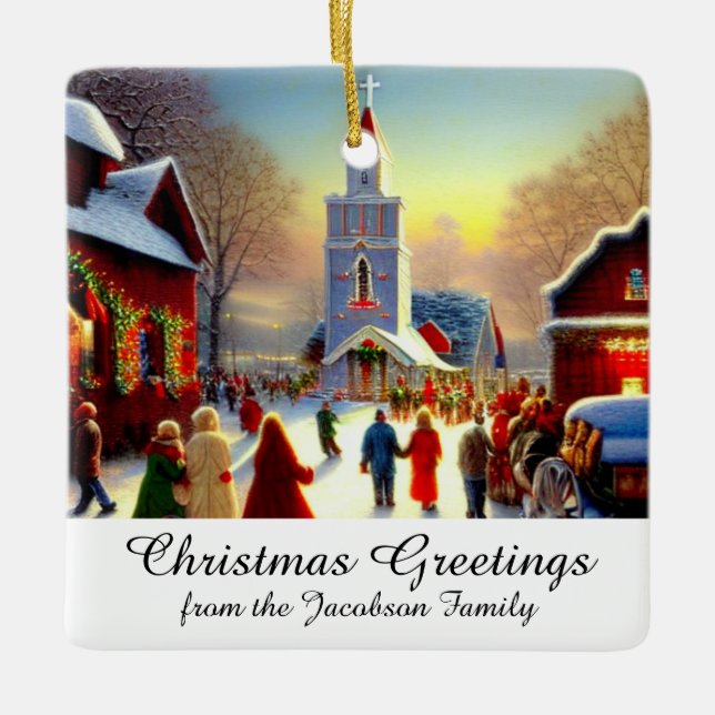 Ornement En Céramique Noël Salutations Village Eglises kitsch (Devant)