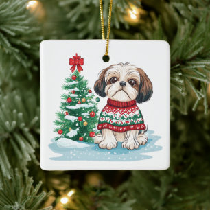 Ornement En Céramique Noël Shih Tzu Père Noël Chien