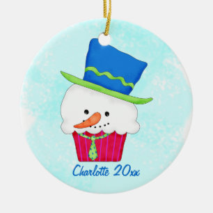 Ornement En Céramique Noël Snowman Cupcake Nom personnalisé