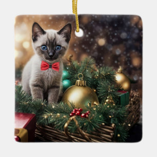 Ornement En Céramique Noël Vacances Super mignonne Siamese Chat Kitten