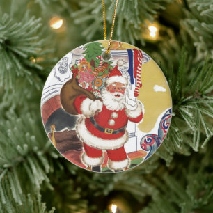 Ornement En Céramique Noël vintage, joyeux Père Noël avec des cadeaux