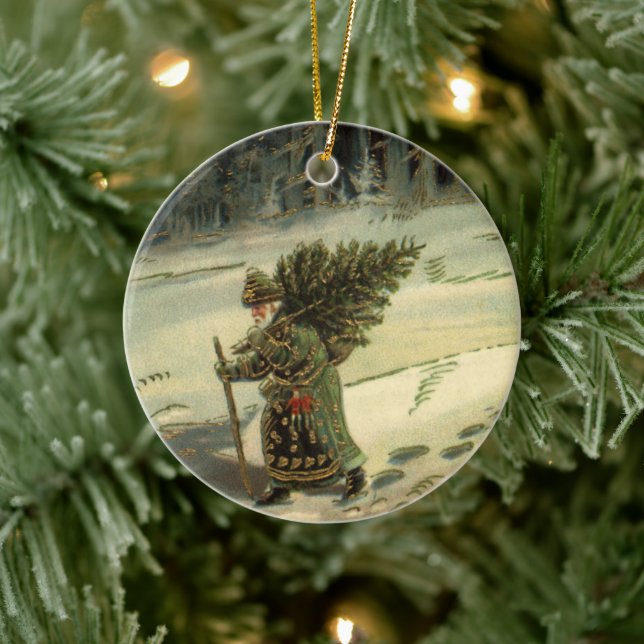 Ornement En Céramique Noël vintage, le Père Noël porte un arbre (Arbre)