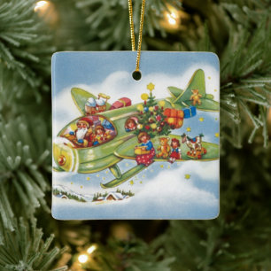 Ornement En Céramique Noël vintage, le Père Noël vole un avion