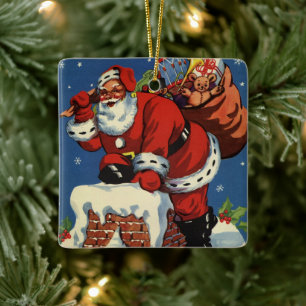 Ornement En Céramique Noël vintage, Père Noël descendant la cheminée ave