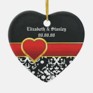 Ornement En Céramique Noir blanc damassé rouge coeur mariage Enregistrer
