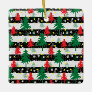 Ornement En Céramique Noir Blanc Stripes Neiges Rouge Vert Arbres
