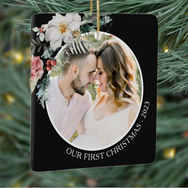 Ornement En Céramique Noir Botanique Premier Noël (Elegant Black Photo Holiday Christmas Ornament Watercolor Botanical Floral Berries)