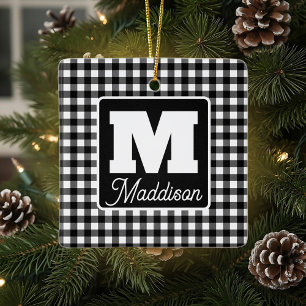 Ornement En Céramique Noir et blanc Nom du monogramme plaqué Noël