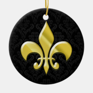 Ornement En Céramique Noir/or Damask Fleur de Lis