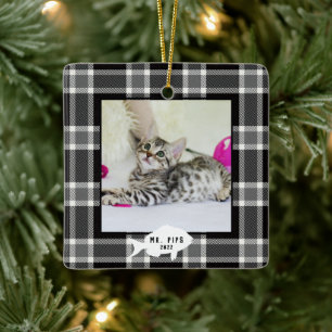 Ornement En Céramique Nom de chat à carreaux noir et blanc festif