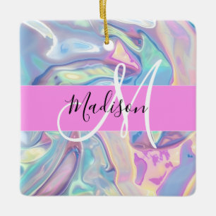 Ornement En Céramique Nom de monogramme holographique iridescent rose fé