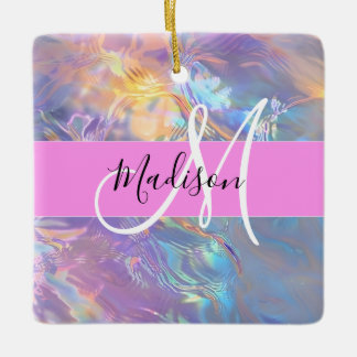 Ornement En Céramique Nom de monogramme holographique iridescent rose fé