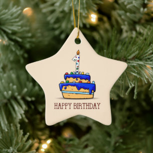 Ornement En Céramique Nom personnalisé, 1er anniversaire, gâteau bleu 