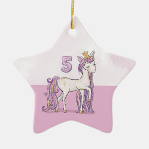 Ornement En Céramique Nom personnalisé 5e anniversaire Cheval rose avec