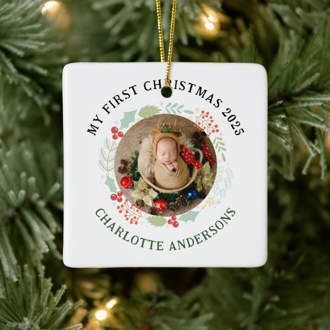 Ornement En Céramique Nom personnalisé du premier Noël du bébé (Arbre)