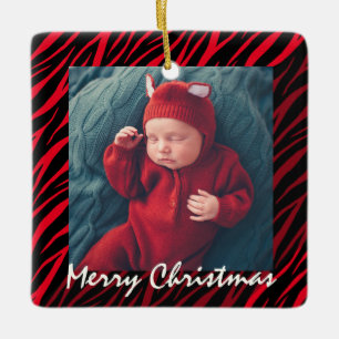 Ornement En Céramique Nom Personnalisé Et Photo Red Zebra Christmas