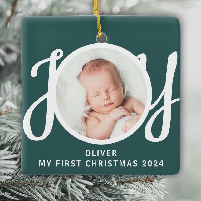Ornement En Céramique Nom personnalisé Ma première photo de Noël Vert (Créateur téléchargé)