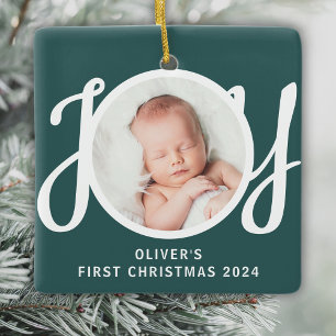 Ornement En Céramique Nom personnalisé Premier Noël Photo Cadeau vert